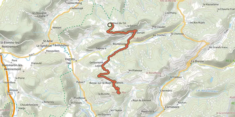 Carte du tracé de Sentier des 4 communes sur le Plan IGN, départ et points de passage numérotés