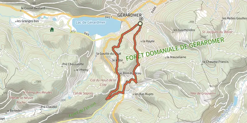 Map of the Circuit Gérardmer - Les Bas Rupts track on the IGN map, with the start and numbered waypoints