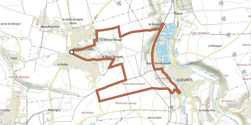 Map of the Les Coquelicots track on the IGN map, with the start and numbered waypoints