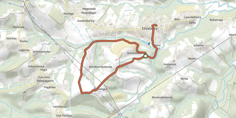 Carte du tracé de Elizaberri sur le Plan IGN, départ et points de passage numérotés