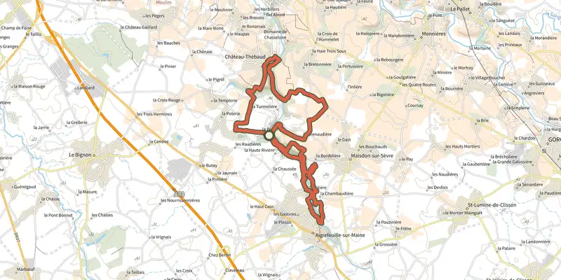 Carte du tracé de Boucle de la Maine sur le Plan IGN, départ et points de passage numérotés