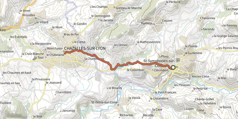 Map of the Sentier piétonnier entre Chazelle sur Lyon et Saint-Symphorien sur Coise track on the IGN map, with the start and numbered waypoints