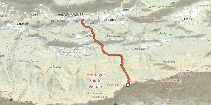 Map of the Sentier des Plaideurs track on the IGN map, with the start and numbered waypoints