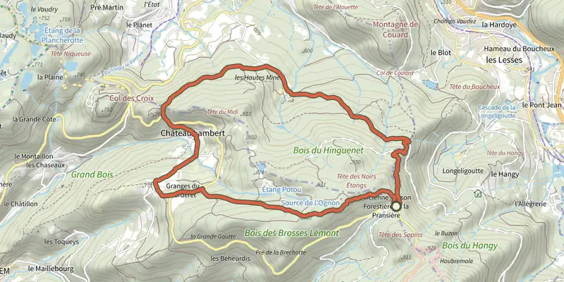 Carte du tracé de Circuit des Hautes Mines sur le Plan IGN, départ et points de passage numérotés