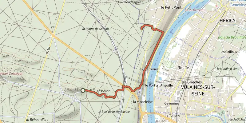 Carte du tracé de Sentier Denecourt-Colinet 13-15 sur le Plan IGN, départ et points de passage numérotés