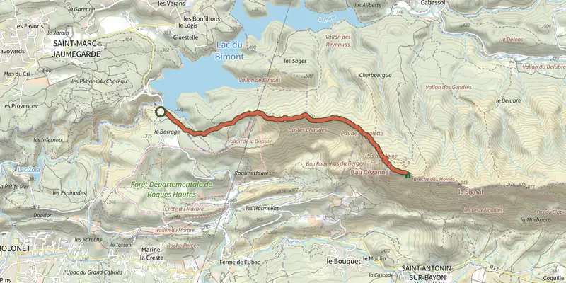 Carte du tracé de Sentier Imoucha sur le Plan IGN, départ et points de passage numérotés
