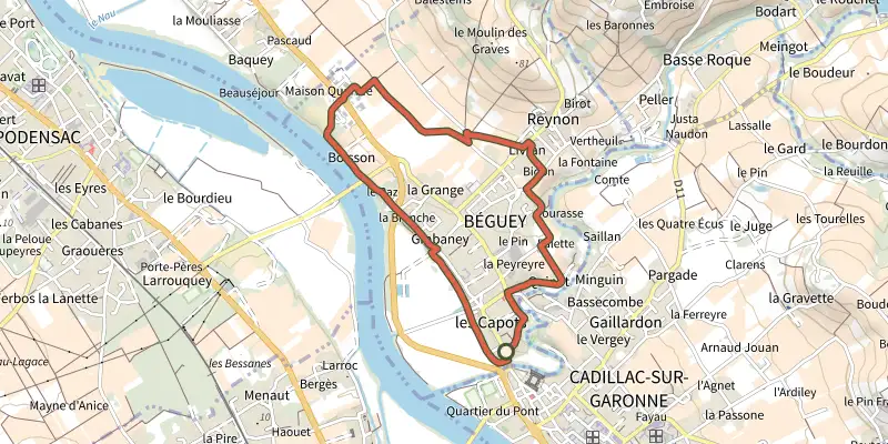 Map of the Boucle locale de Béguey track on the IGN map, with the start and numbered waypoints
