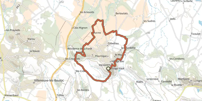 Map of the Boucle de Vacquiers track on the IGN map, with the start and numbered waypoints