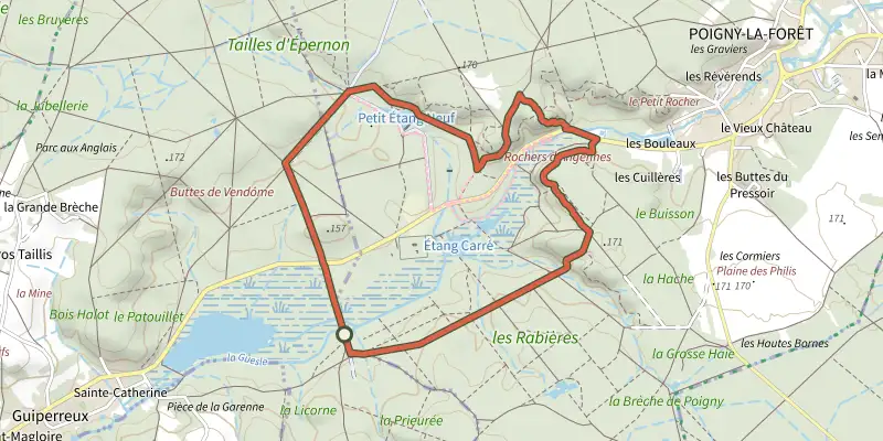 Carte du tracé de Boucle de Poigny-la-Forêt sur le Plan IGN, départ et points de passage numérotés