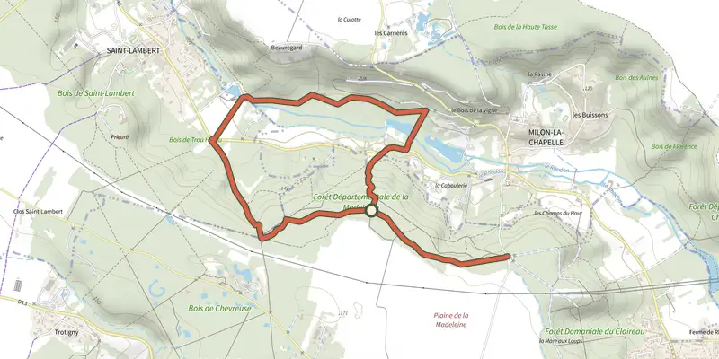 Carte du tracé de Circuit du bois de la Madeleine sur le Plan IGN, départ et points de passage numérotés