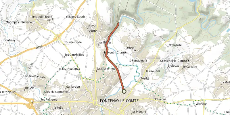 Carte du tracé de Accès Domaine de Mélusine de Fontenay sur le Plan IGN, départ et points de passage numérotés