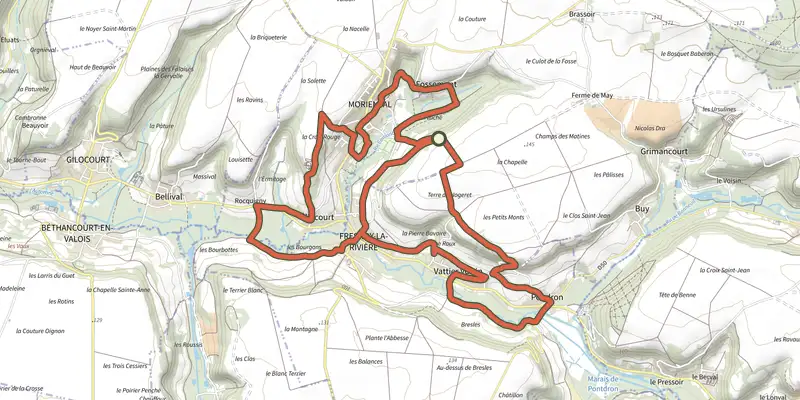 Carte du tracé de Clochers en Vallée de l'Automne sur le Plan IGN, départ et points de passage numérotés