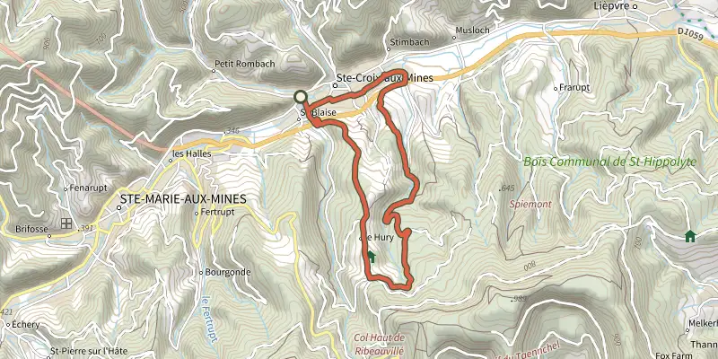 Carte du tracé de Circuit Le Hury sur le Plan IGN, départ et points de passage numérotés