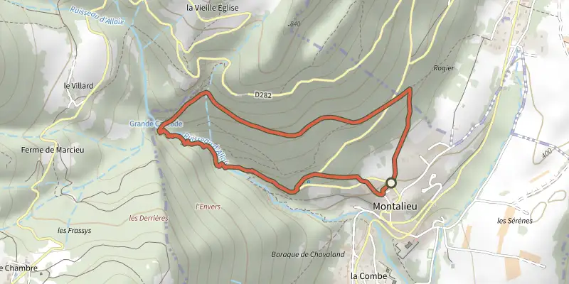 Map of the La cascade de l'Alloix et les chemins d'autrefois track on the IGN map, with the start and numbered waypoints