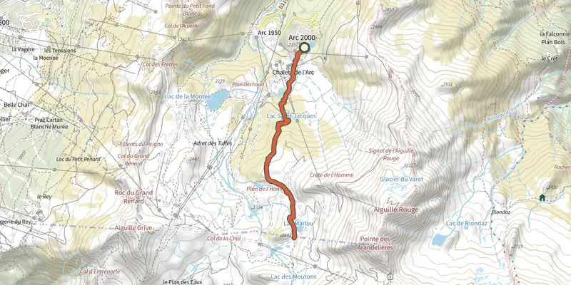Carte du tracé de Sentier des lacs sur le Plan IGN, départ et points de passage numérotés