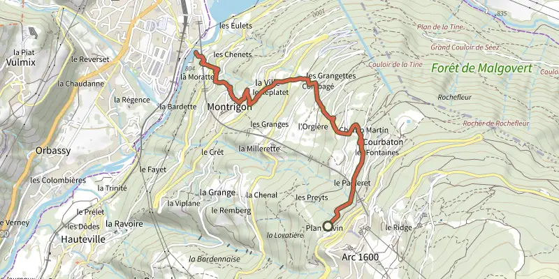 Map of the BSM <> Arc 1600 par Courbaton track on the IGN map, with the start and numbered waypoints