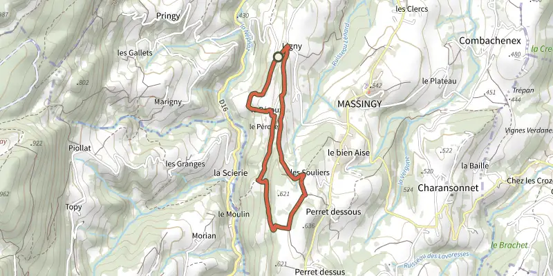Carte du tracé de La Chapelle de Ligny sur le Plan IGN, départ et points de passage numérotés