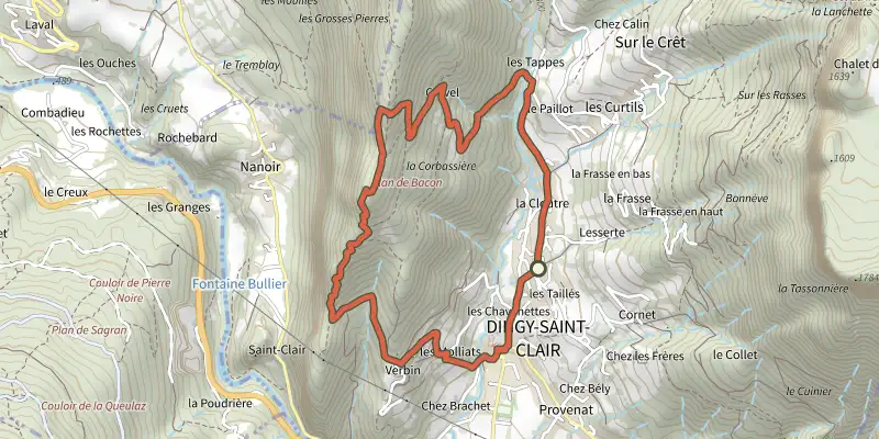 Map of the Sentier Thématique du Capitaine Anjot track on the IGN map, with the start and numbered waypoints