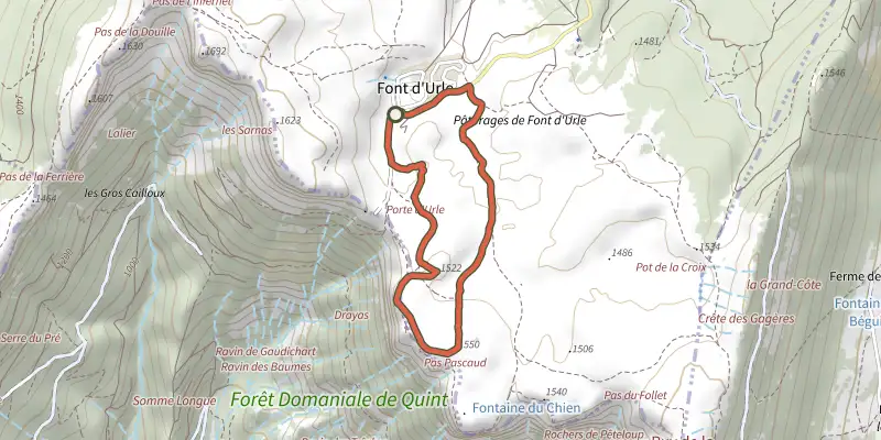 Carte du tracé de Sentier d'interprétation du karst sur le Plan IGN, départ et points de passage numérotés