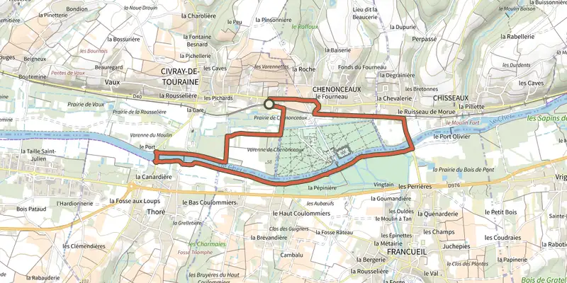 Map of the Chenonceaux - Sur les Bords du Cher track on the IGN map, with the start and numbered waypoints