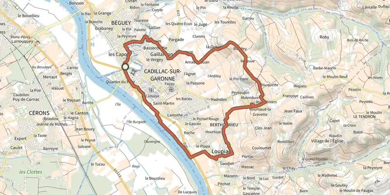 Carte du tracé de Boucle locale de Cadillac sur le Plan IGN, départ et points de passage numérotés