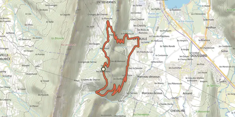 Carte du tracé de Boucle des Bochettes sur le Plan IGN, départ et points de passage numérotés