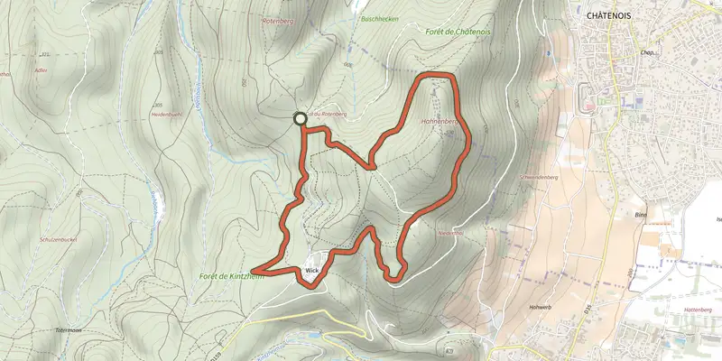 Carte du tracé de Circuit du col du Rotenberg sur le Plan IGN, départ et points de passage numérotés