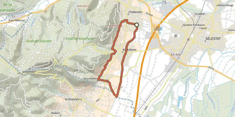 Carte du tracé de Circuit d’Orschwihr sur le Plan IGN, départ et points de passage numérotés