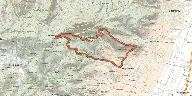 Carte du tracé de Circuit de la Roche des Fées sur le Plan IGN, départ et points de passage numérotés