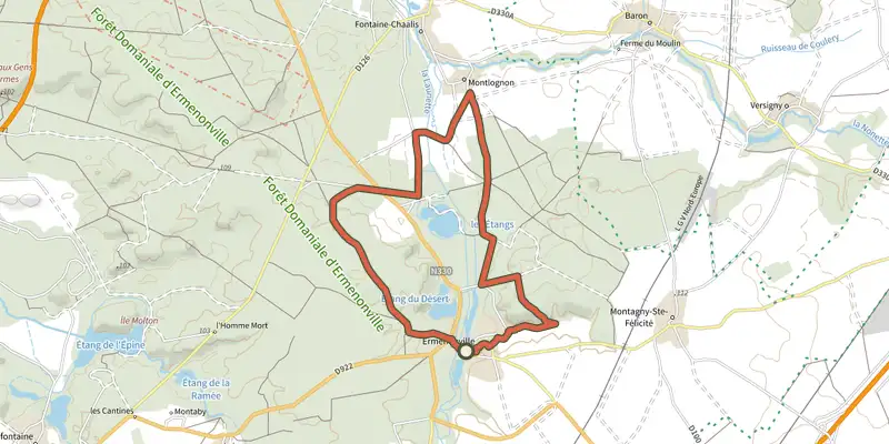 Map of the L'Abbaye de Chaalis track on the IGN map, with the start and numbered waypoints
