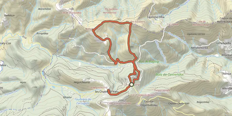 Map of the Pic des Escaliers track on the IGN map, with the start and numbered waypoints