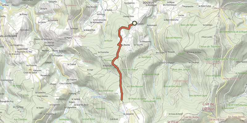 Map of the Sentier Pilat track on the IGN map, with the start and numbered waypoints