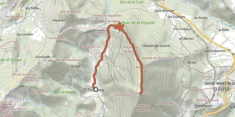 Map of the Chemin du Goutaroux track on the IGN map, with the start and numbered waypoints