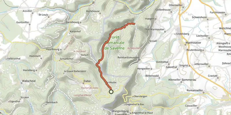 Carte du tracé de Andreaskreuz gelb sur le Plan IGN, départ et points de passage numérotés