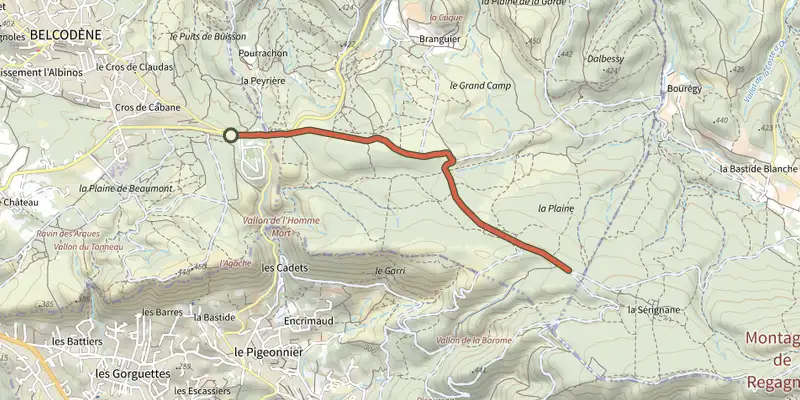 Carte du tracé de De Belcodène au poteau RE 09 sur le Plan IGN, départ et points de passage numérotés