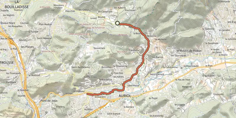 Carte du tracé de Du poteau RE 24 à Auriol sur le Plan IGN, départ et points de passage numérotés