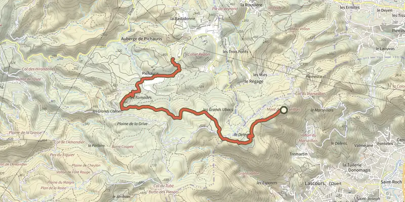 Map of the Du Mont du Marseillais au poteau GB-71 track on the IGN map, with the start and numbered waypoints