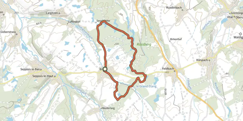 Map of the Balade des Etangs track on the IGN map, with the start and numbered waypoints
