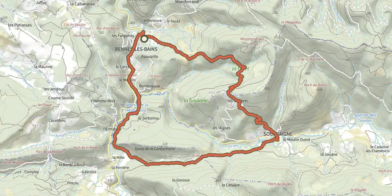 Map of the Sentier Botanique track on the IGN map, with the start and numbered waypoints