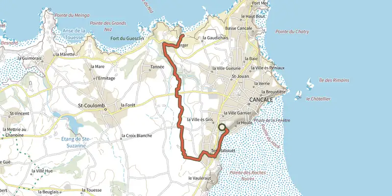 Carte du tracé de Le grand tour de Cancale sur le Plan IGN, départ et points de passage numérotés