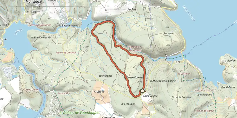 Carte du tracé de Sentier des basses gorges sur le Plan IGN, départ et points de passage numérotés