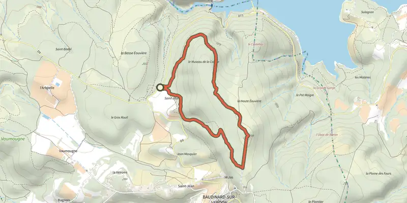 Carte du tracé de Sentier du museau de la colline sur le Plan IGN, départ et points de passage numérotés