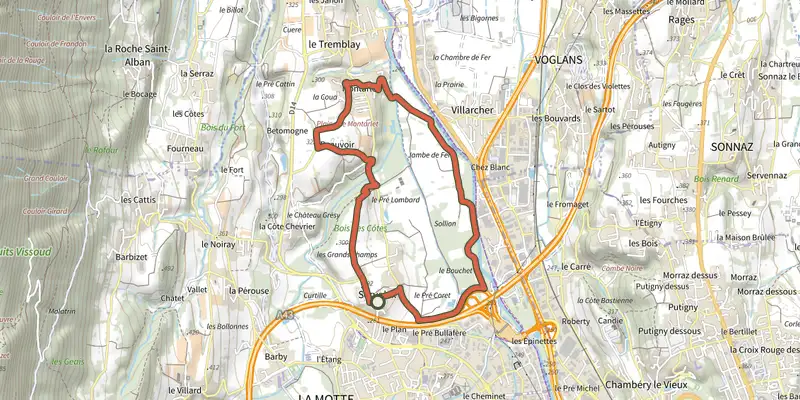 Carte du tracé de Le Marais de Pré Lombard sur le Plan IGN, départ et points de passage numérotés