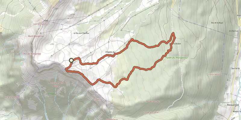 Map of the Sentier des Tannes et Glacières du Margériaz track on the IGN map, with the start and numbered waypoints