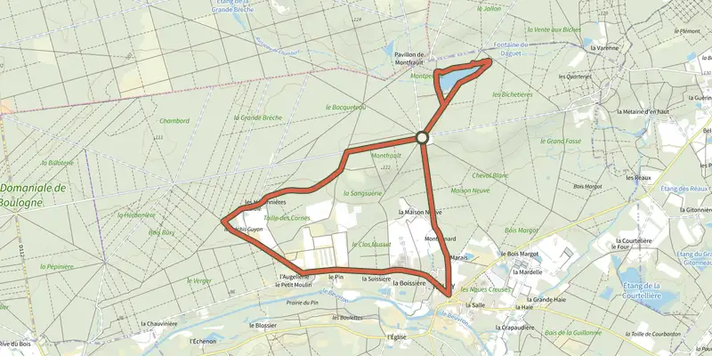 Carte du tracé de Circuit de l'étang de Montperché sur le Plan IGN, départ et points de passage numérotés