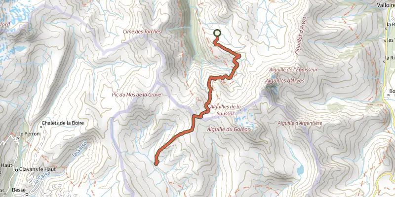 Carte du tracé de Tour des Aiguilles d'Arves (étape 3) sur le Plan IGN, départ et points de passage numérotés