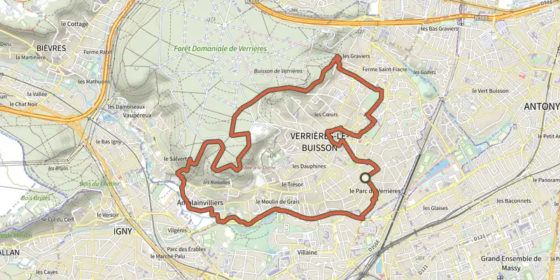 Carte du tracé de Entre jardins et forêt sur le Plan IGN, départ et points de passage numérotés