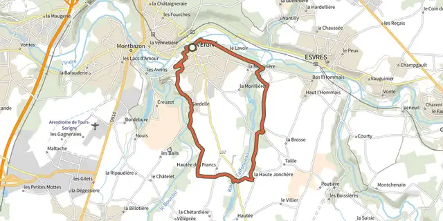 Tracé de Les Jonchères - Veigné sur le Plan IGN