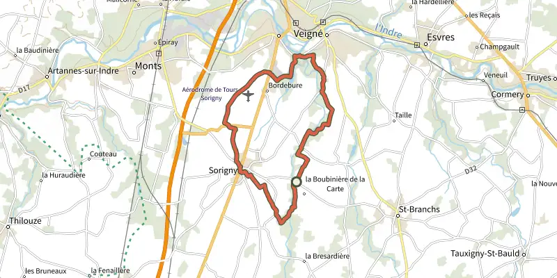 Carte du tracé de Le Pont Gaultier - Sorigny sur le Plan IGN, départ et points de passage numérotés