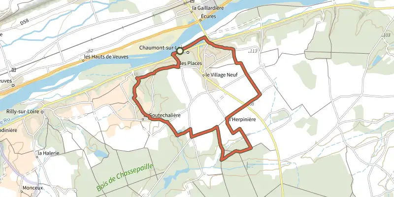 Carte du tracé de Circuit des Frileuses sur le Plan IGN, départ et points de passage numérotés